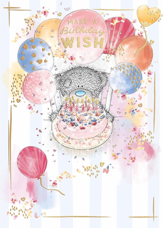 Bear Sat At Table With A Cake Make a Wish Birthday Card