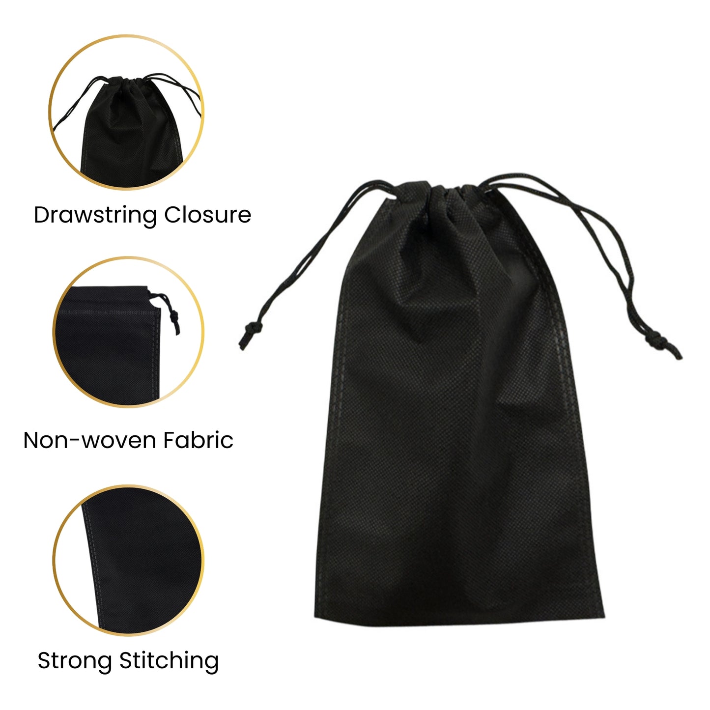 Pack of 100 Black Coloured 48x39cm Non-Woven Drawstring Bags