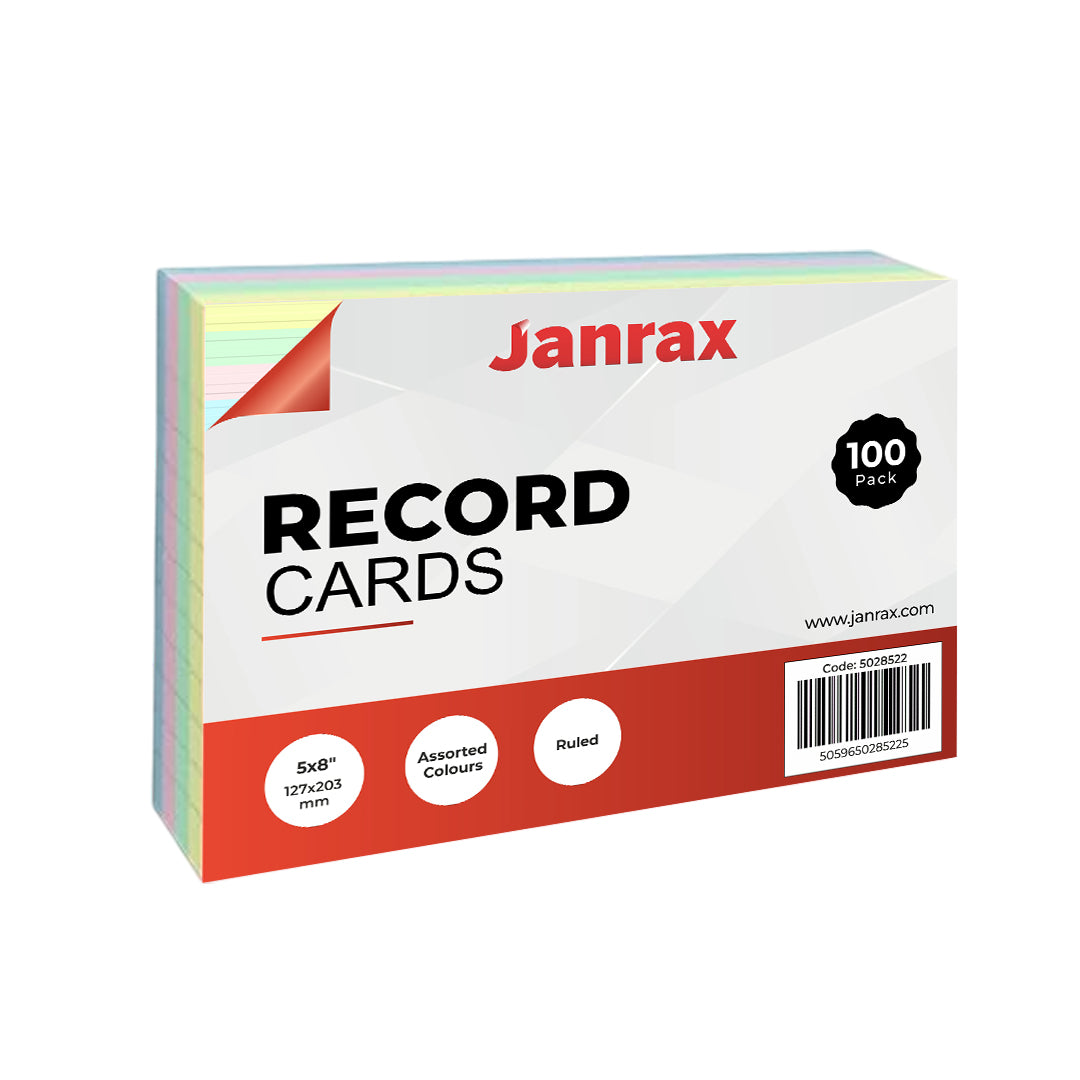 Pack of 100 Assorted Colour Ruled 8x5" Record Cards – Lined Study Index Cards for Notes, Revision