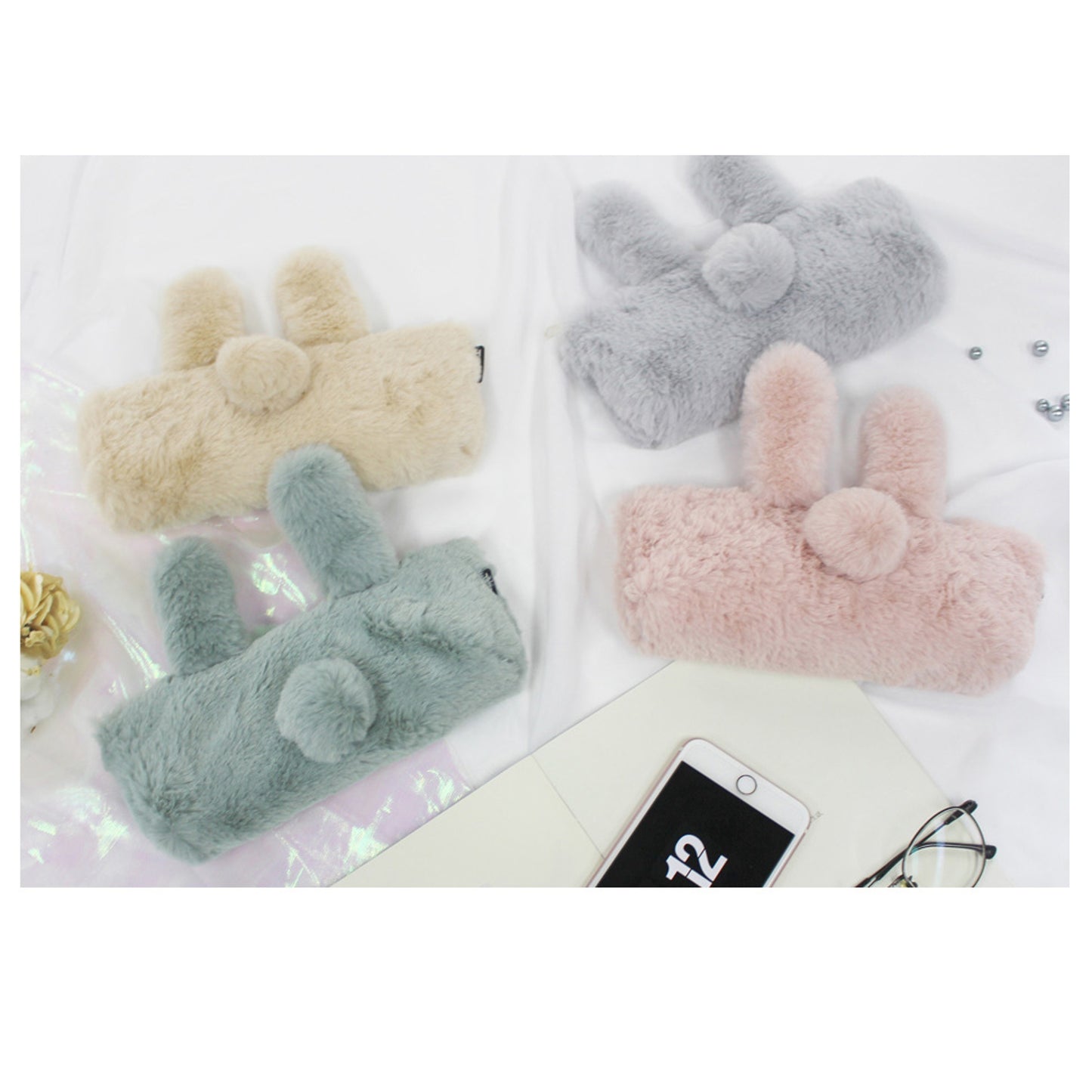 Single Bunny‑Ear Soft Pencil Case with Pom‑Pom Tail