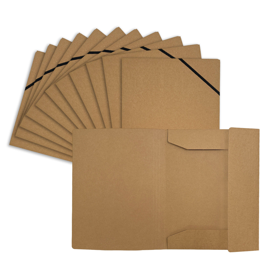 Pack of 12 A4 Kraft Card 3 Flap Folders With Elastic Closure