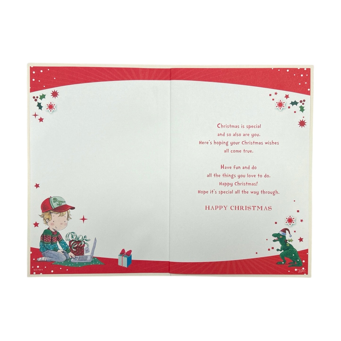 Just for You Christmas Tree Rex Dinosaur Design Christmas Card with Badge