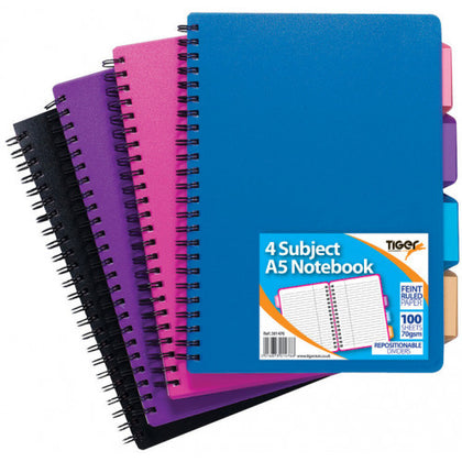 A5 4 Part Spiral Bound PVC Covered Subject Notebook