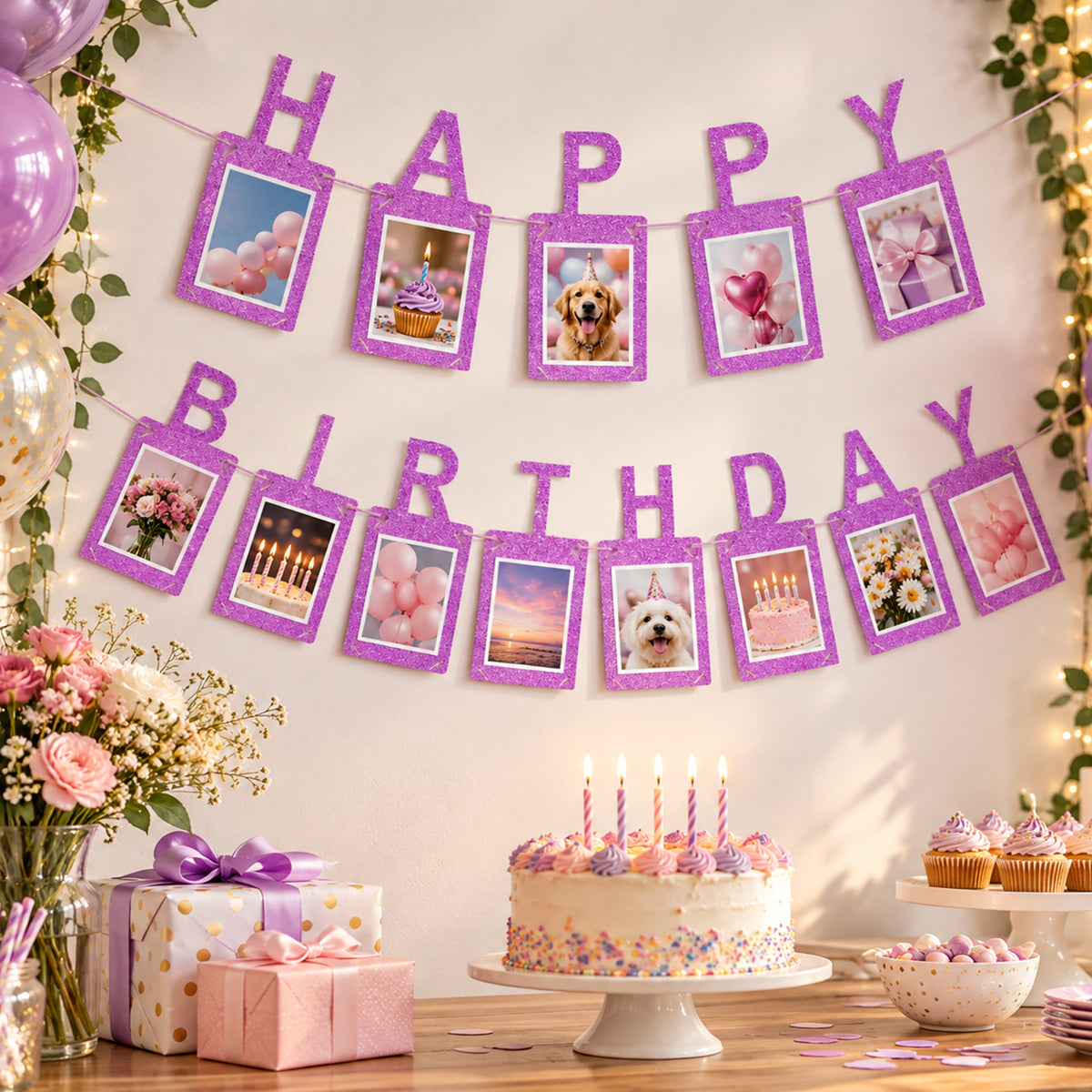 Glitter Blue Photo Insert HAPPY BIRTHDAY Banner with Ribbon