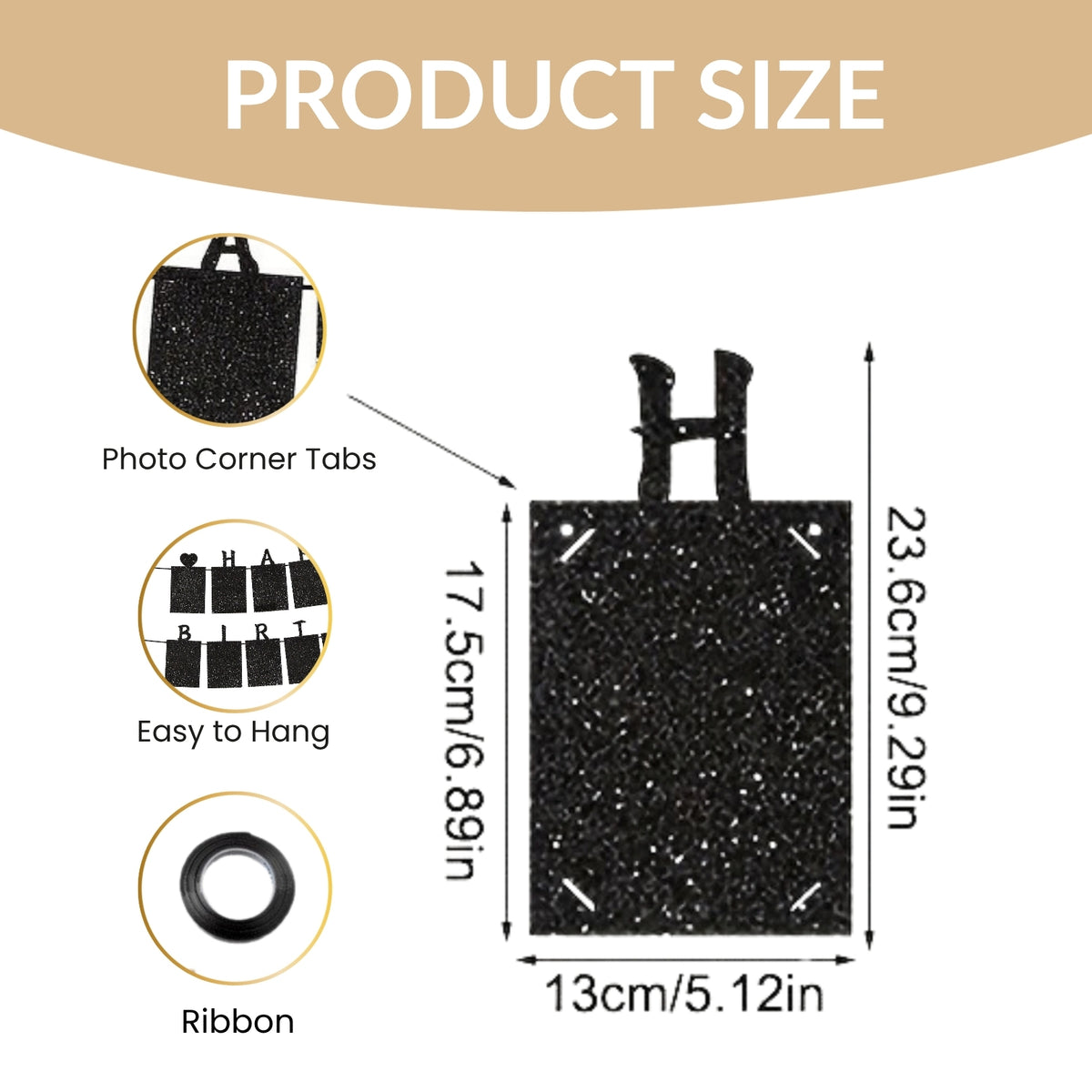 Glitter Black Photo Insert HAPPY BIRTHDAY with Hearts Banner with Ribbon