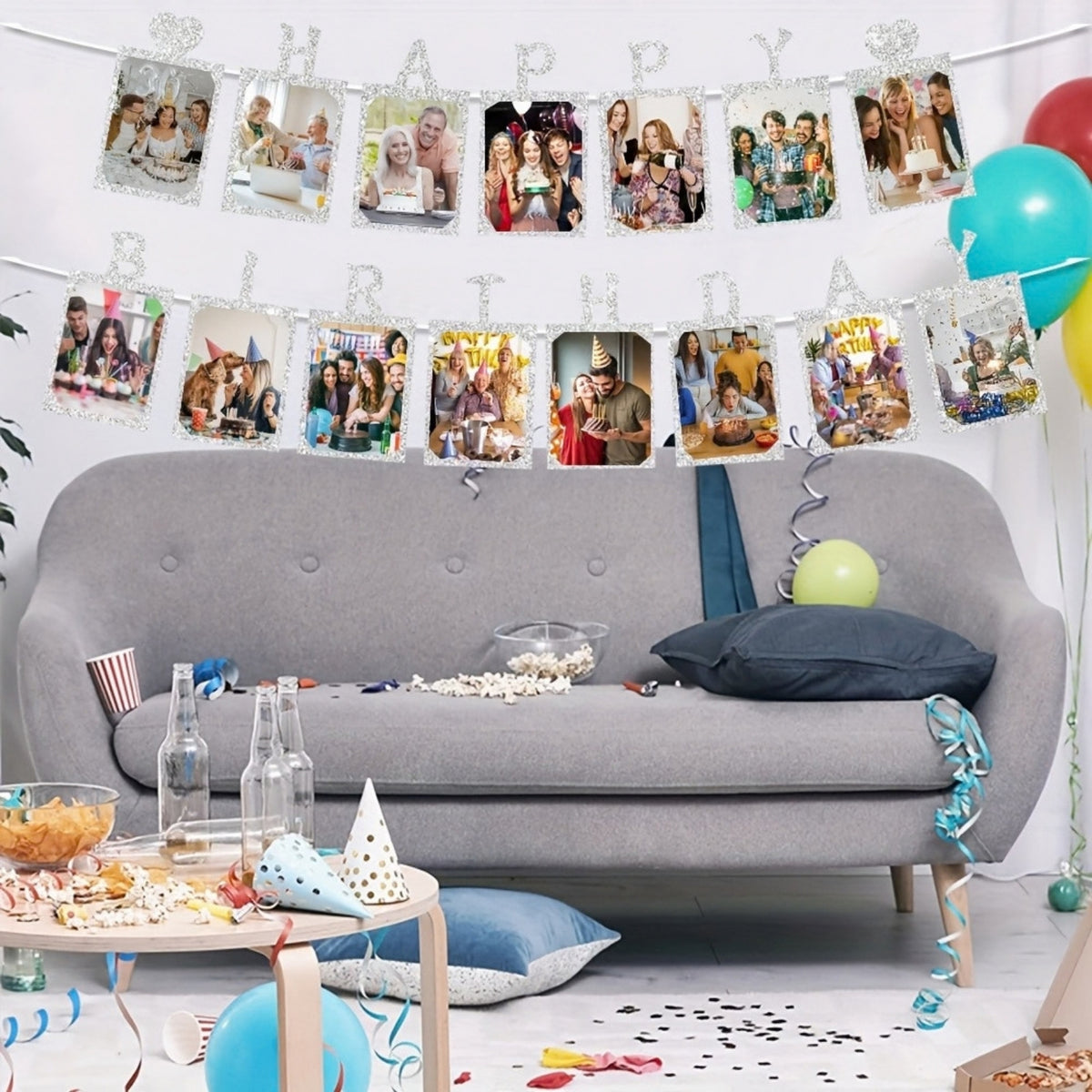 6 x Glitter Silver Photo Insert HAPPY BIRTHDAY with Hearts Banner with Ribbon
