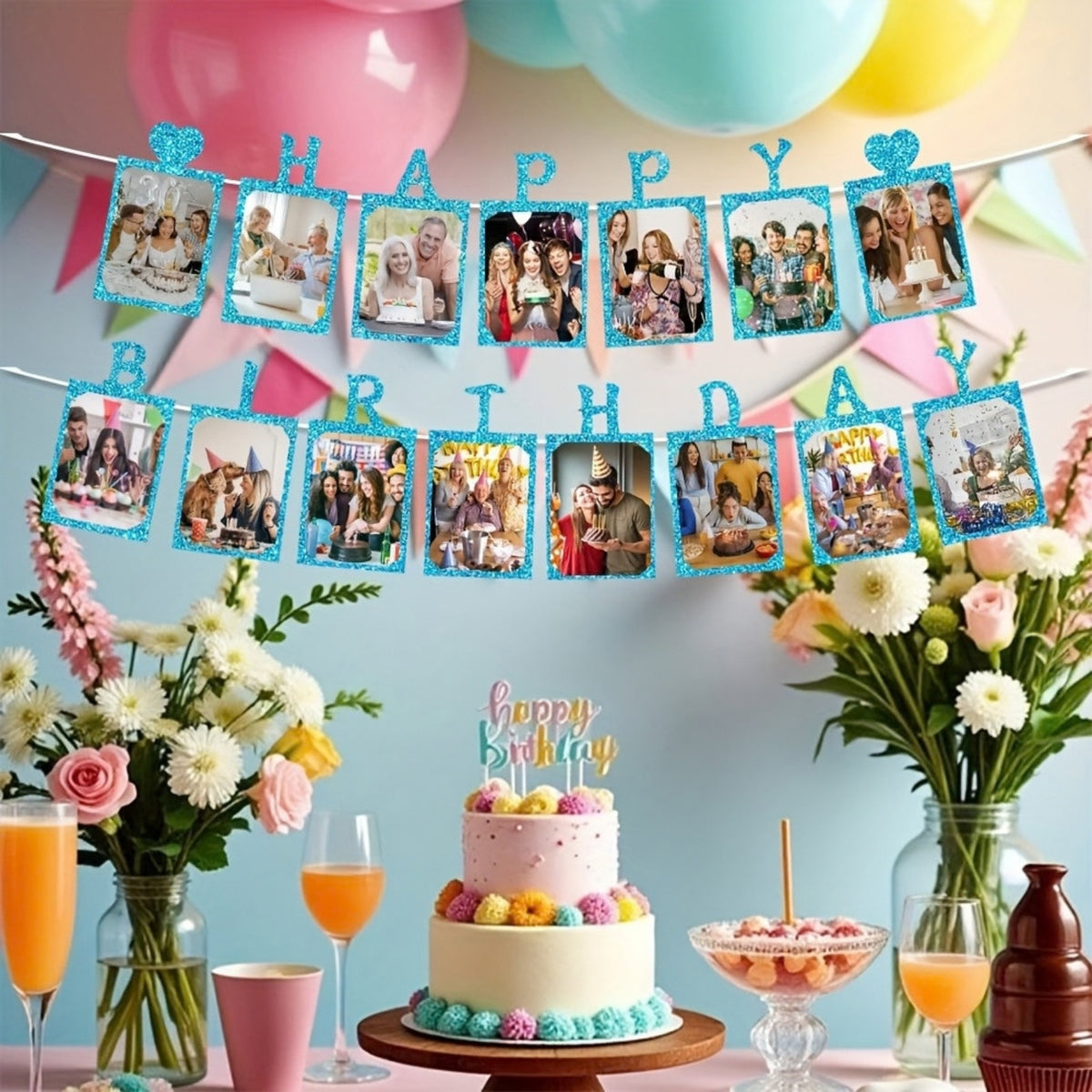 6 x Glitter Silver Photo Insert HAPPY BIRTHDAY with Hearts Banner with Ribbon