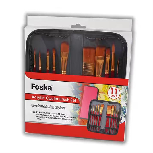 Pack of 11 Pieces Wood Handle Nylon Hair Acrylic Paintbrush Set