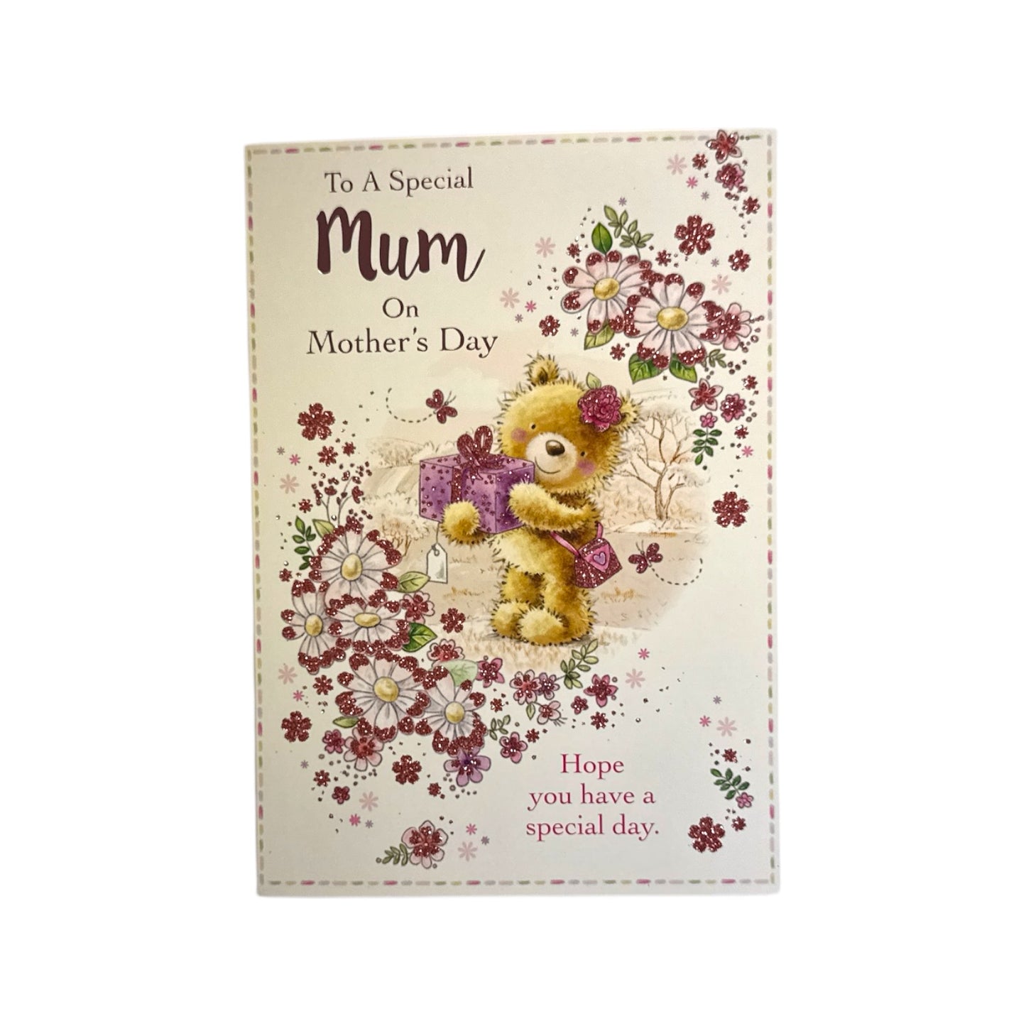 To A Special Mum Teddy Wearing Flower and Holding Gift Mother's Day Card