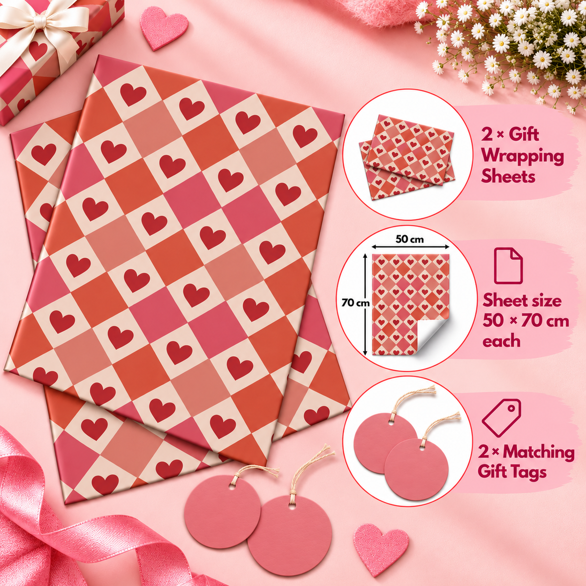 Pack of 2 Valentine Hearts Mosaic Design 50 x 70 cm Gift Wrap Sheets with 2 Tags - Mother's Day Birthdays Everyday Celebrations