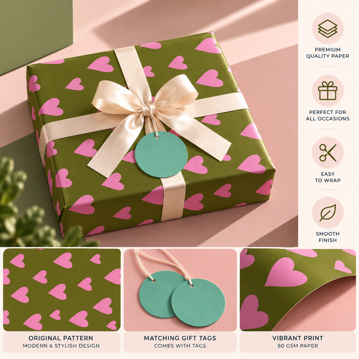 Pack of 2 Garden Of Hearts Design 50 x 70 cm Gift Wrap Sheets with 2 Tags - Valentine’s Mother's Day Birthdays Everyday Celebrations