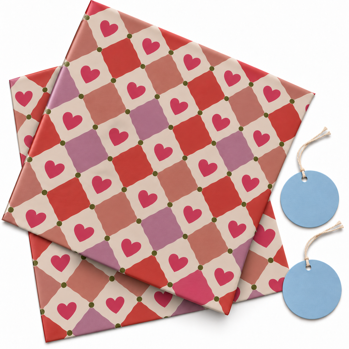 Pack of 2 Love Diamonds Design 50 x 70 cm Gift Wrap Sheets with 2 Tags - Valentine’s Day Christmas Romantic Occasions Birthdays