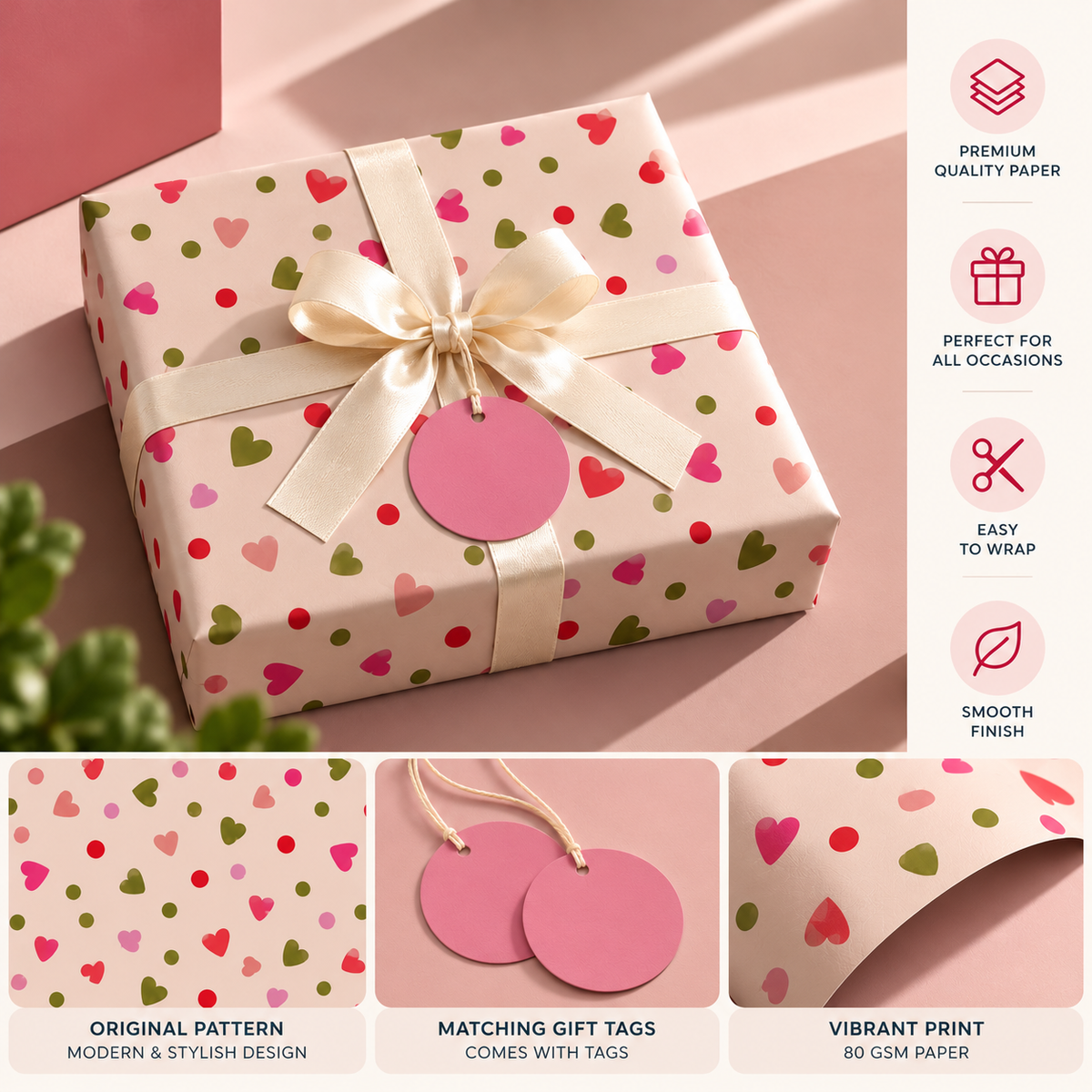 Pack of 2 Tinny Heart Toss Design 50 x 70 cm Gift Wrap Sheets with 2 Tags - Valentine’s Day Christmas Romantic Occasions Birthdays