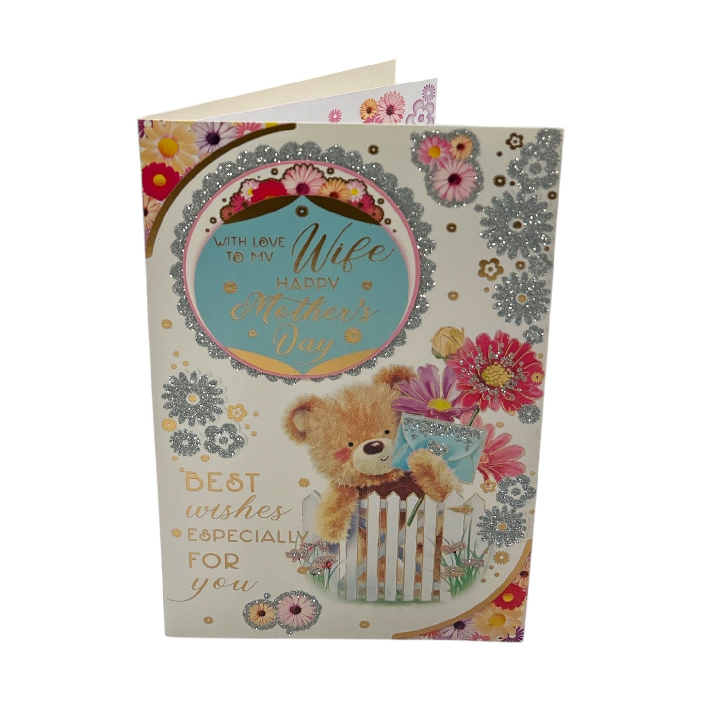 To My Wife Teddy With Envelope & Flowers Design Mother's Day Card