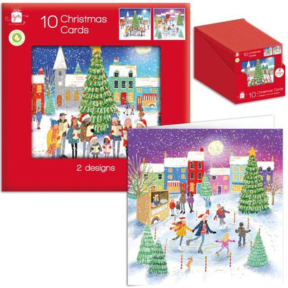 Pack of 10 Whimsical Scene Design Square Christmas Cards