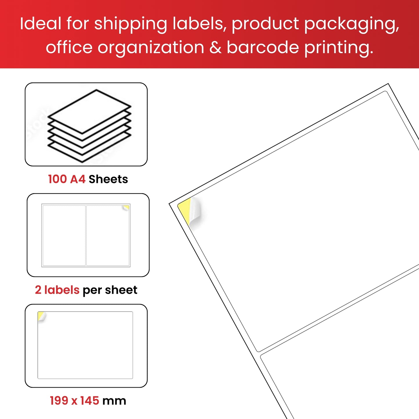 Pack of 200 White 199x145mm Self Adhesive Labels (2 Labels per A4 Sheet)