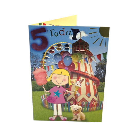 Age 5 Female Juvenile Funfair Scene Birthday Card
