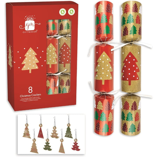 Pack of 8 12" Kraft Effect Tree Design Christmas Crackers