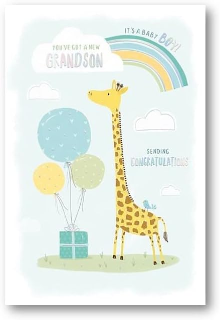 Giraffe, Rainbow & Balloons New Baby Grandson Birth Congratulations Card