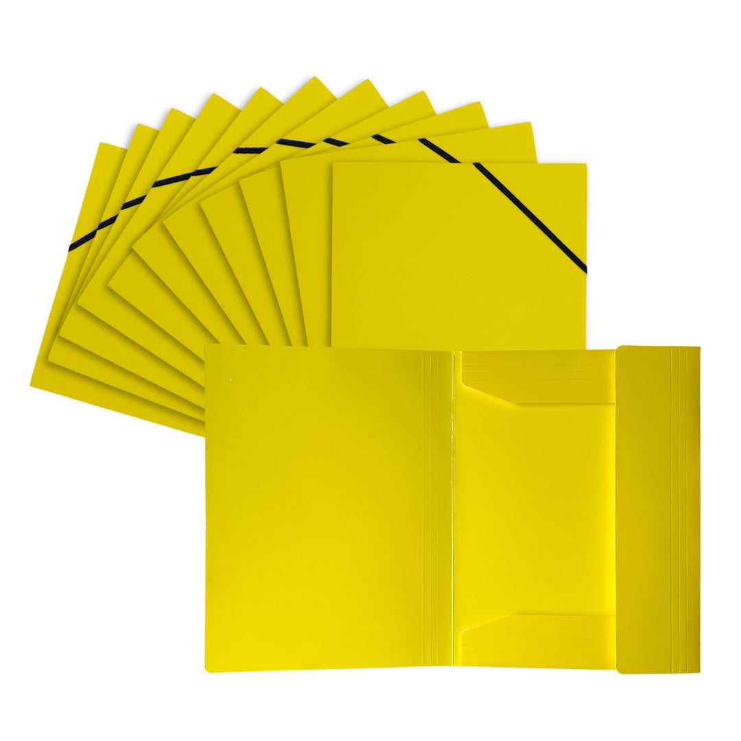 Pack of 12 Janrax A4 Yellow Laminated Card 3 Flap Folders with Elastic Closure
