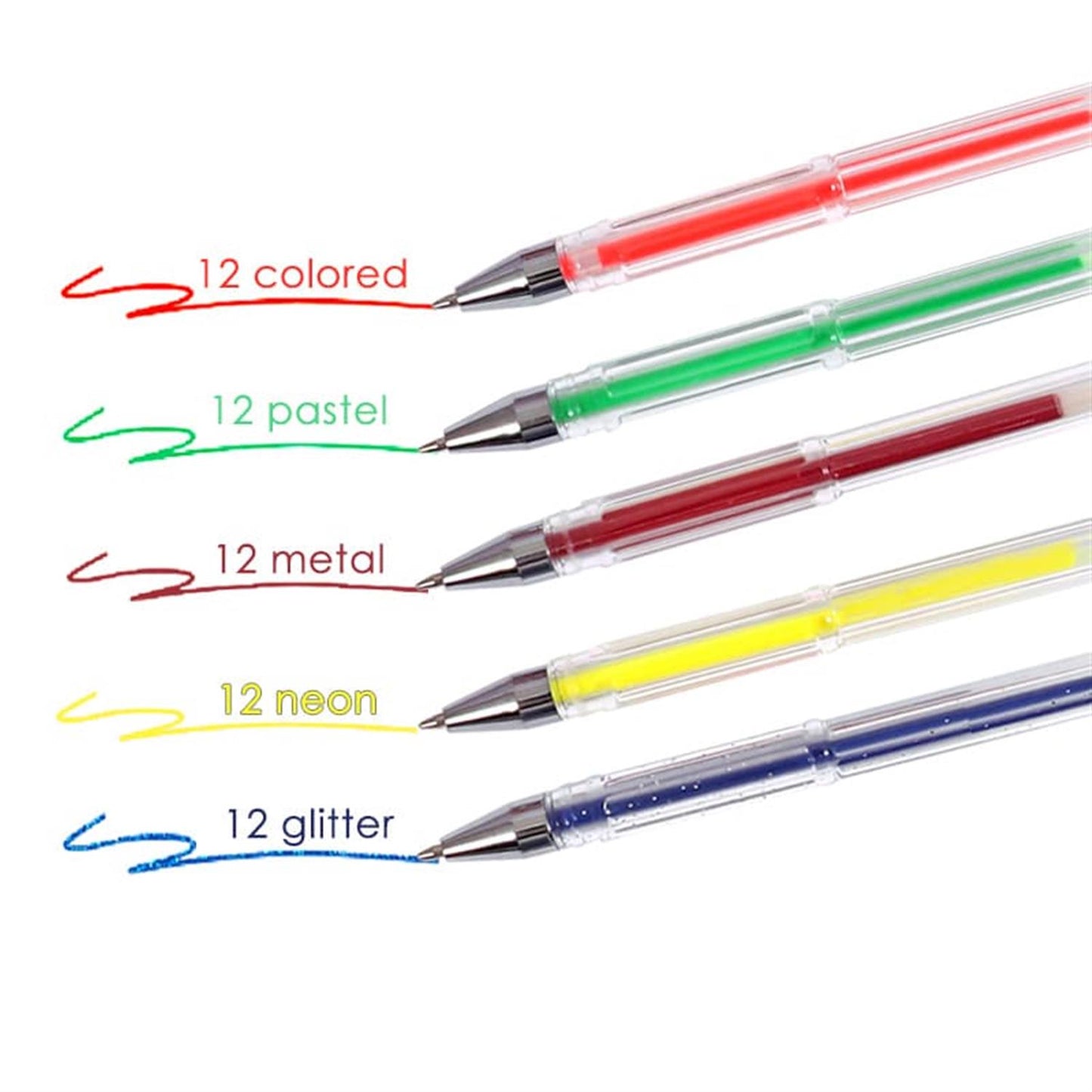Pack of 60 Assorted Coloured Gel Ink Pens Set - Primary, Pastel, Metallic, Neon, Glitter