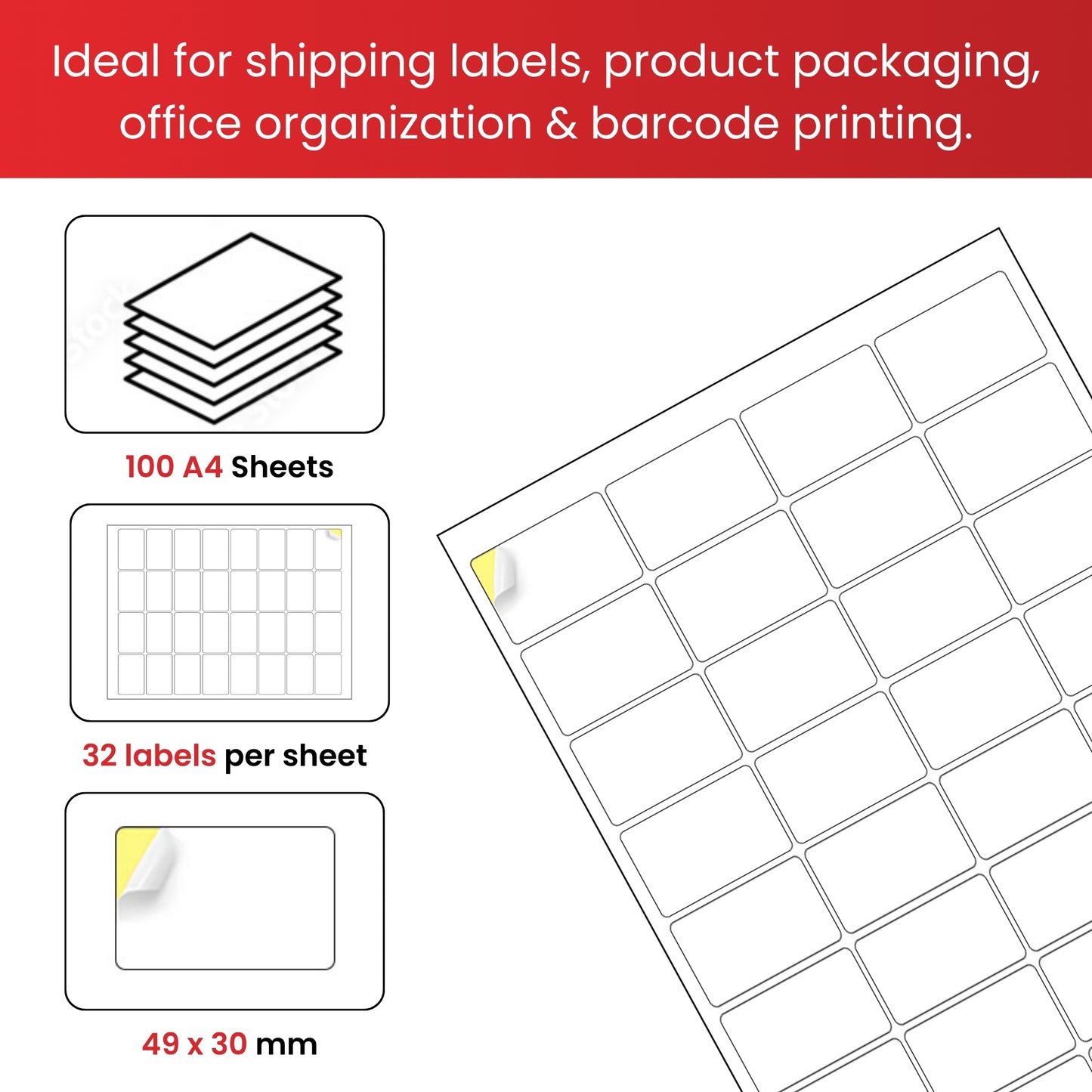 Pack of 3200 White 49x30mm Self Adhesive Labels (32 Labels per A4 Sheet)