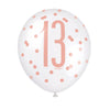 Pack of 6 12" Birthday Rose Gold Glitz Number 13 Latex Balloons