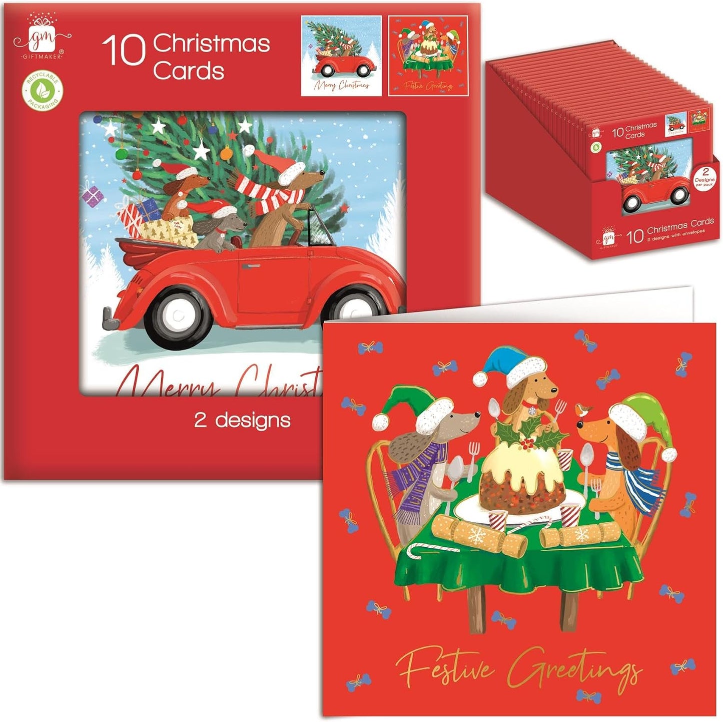 Pack of 10 Festive Canine Design Square Christmas Cards With Envelopes