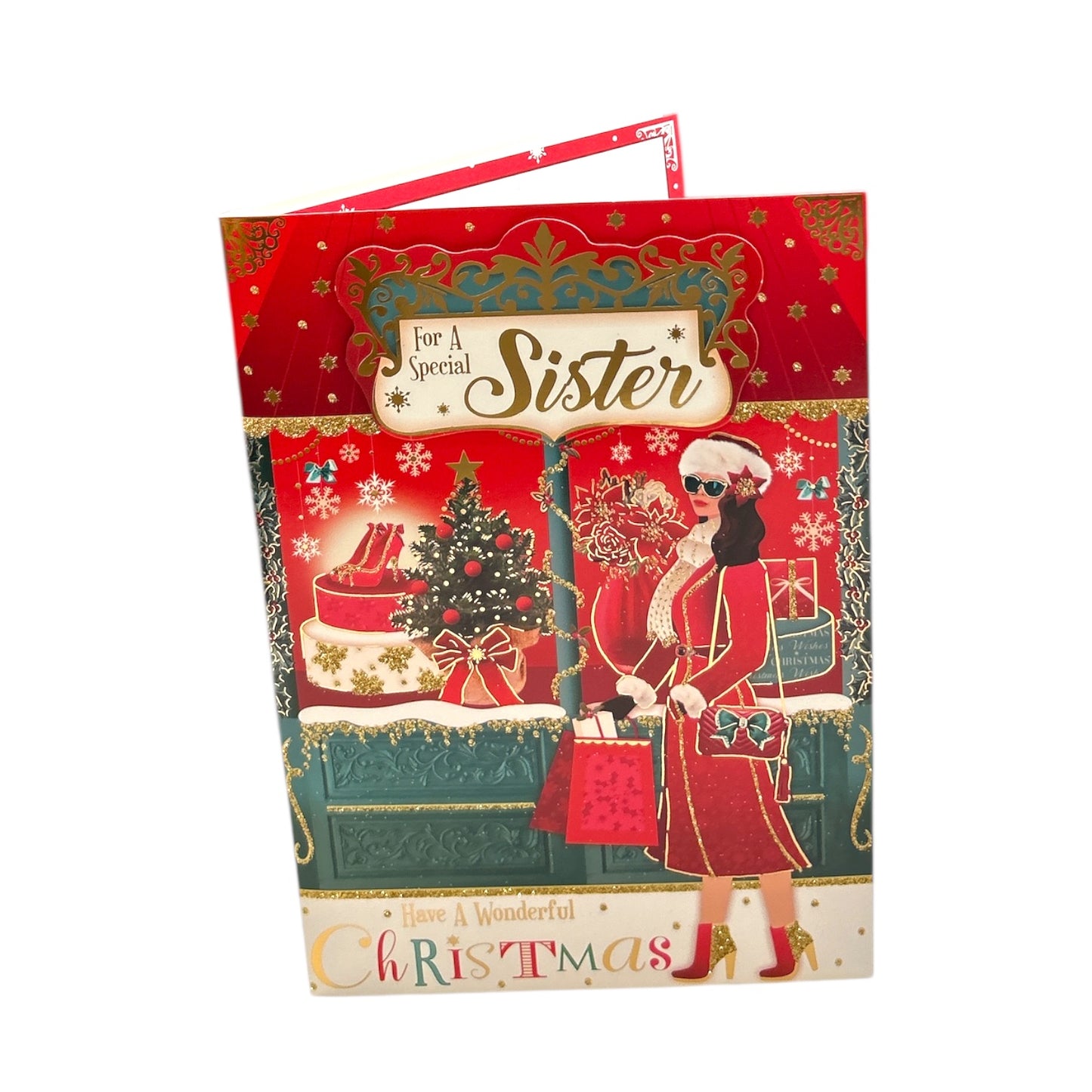 For a Special Sister Beautiful Lady With Bags Design Christmas Card