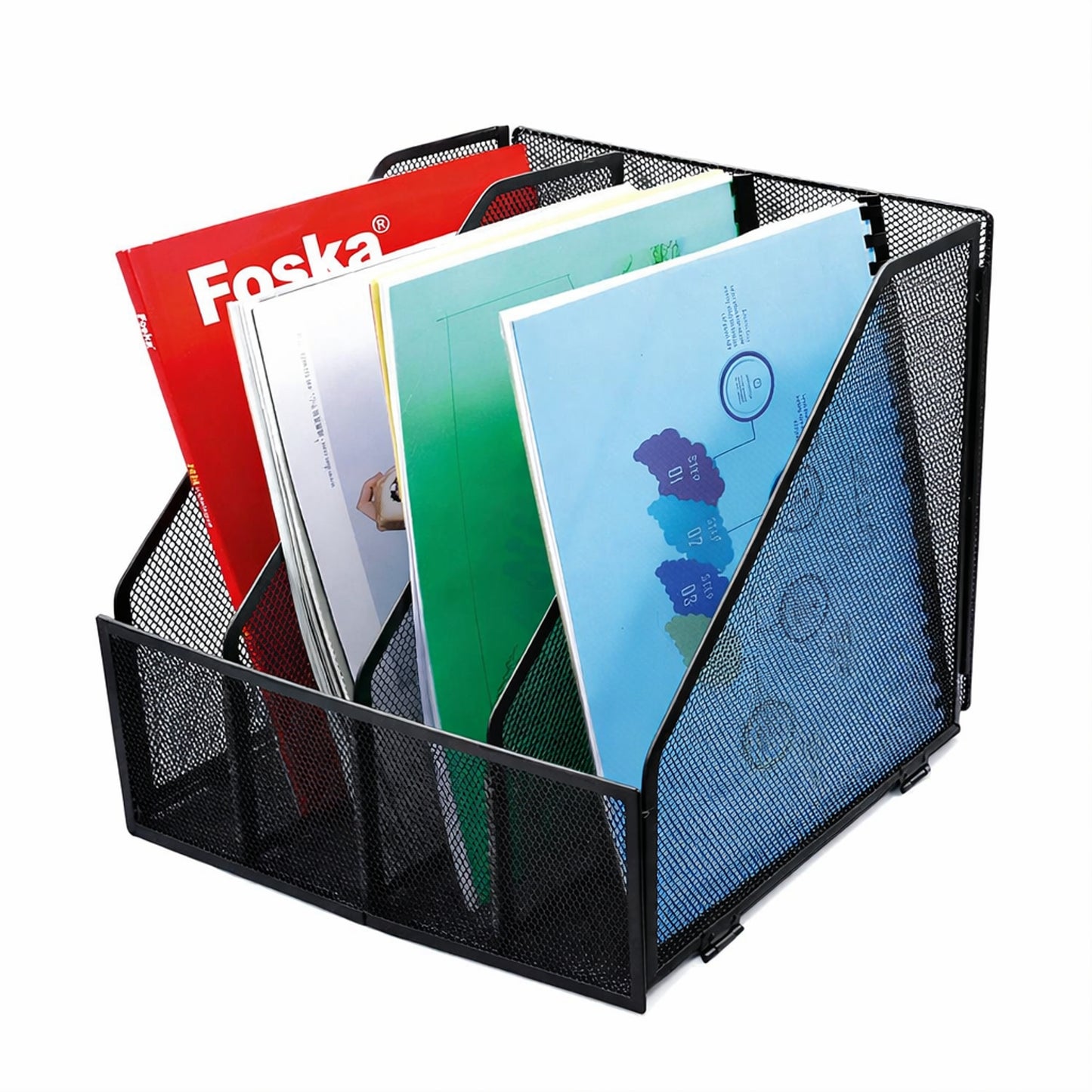 4 Compartments File Organizer Black Desktop Magazine Holder Rack 31.5 x 26 x 29.5 cm