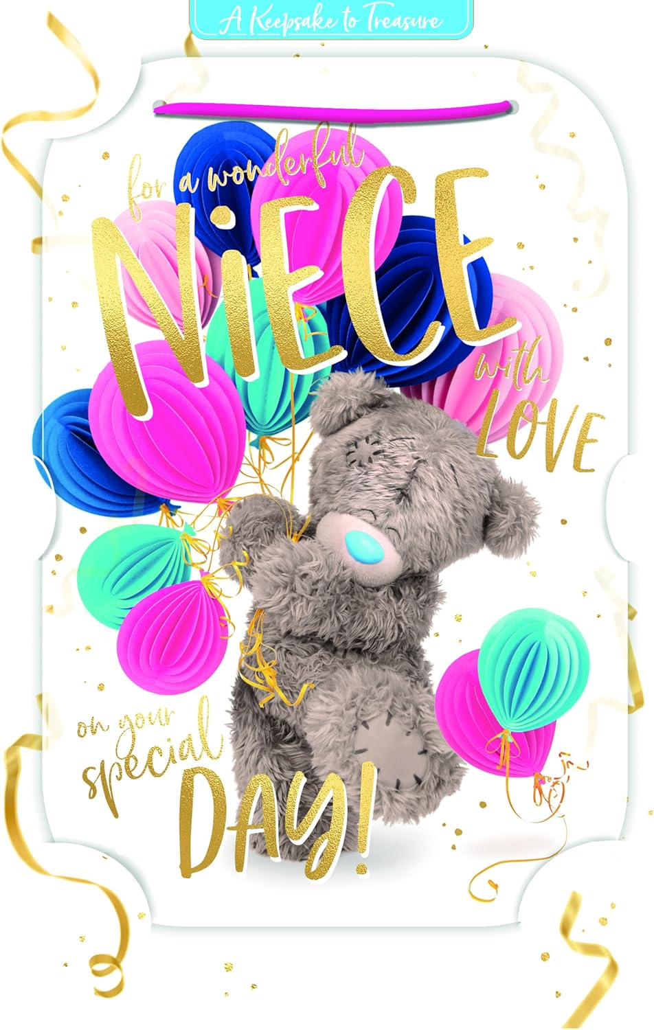 Bear Holding Balloons 3D Photo Finish Keepsake Niece Birthday Card