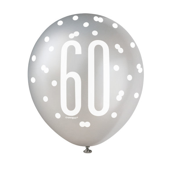 Pack of 6 Birthday Glitz Black, Silver, & White Number 60 12" Latex Balloons