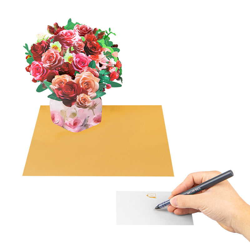 Blushing Blooms Rose Bouquet 3D Pop Up Vase Greeting Card