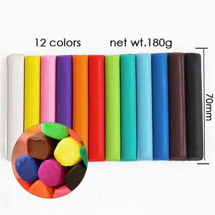 Pack of 12 Bars Assorted Colour Non-Toxic Air Dry Polymer Modelling Clay 180g