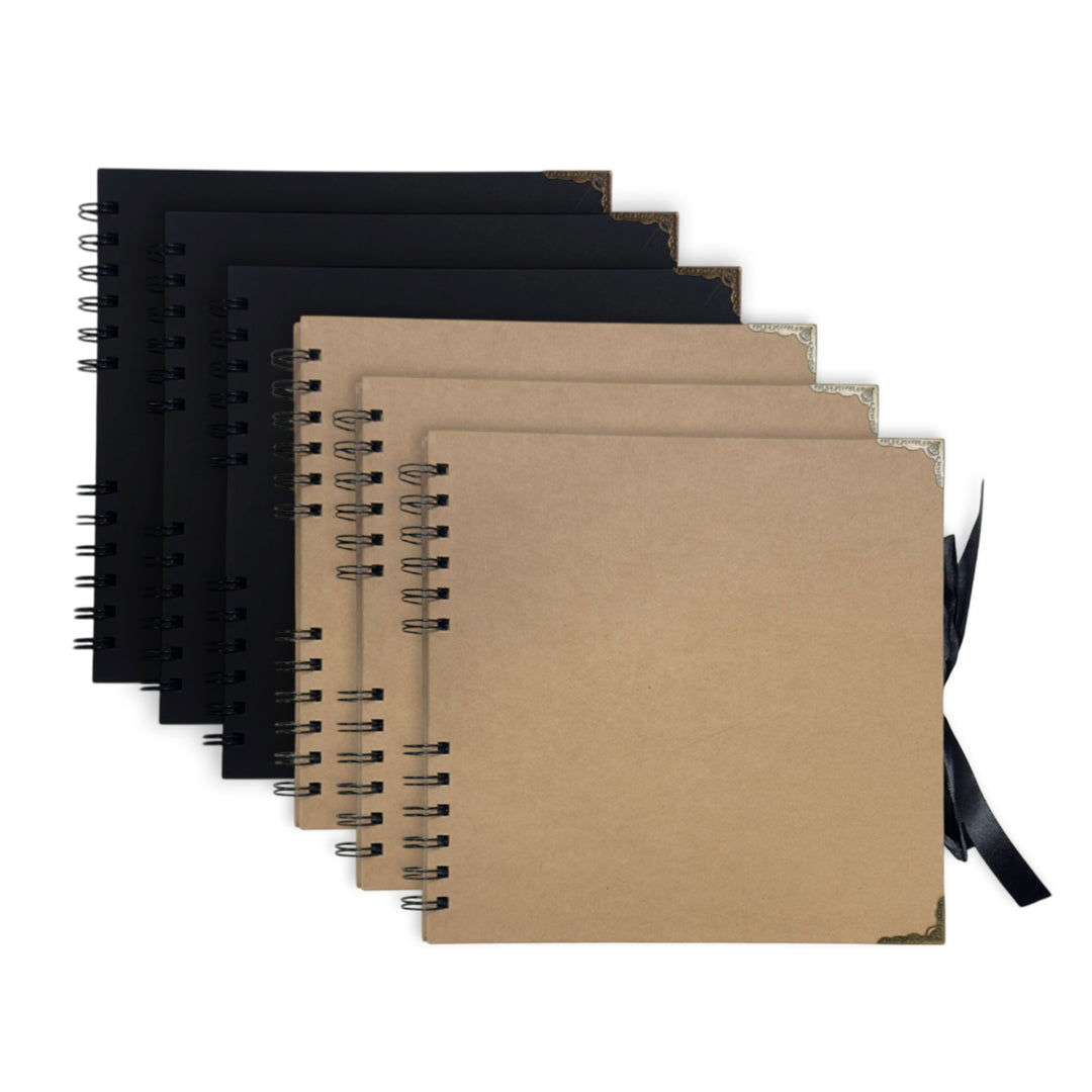 Pack of 6 Spiral Bound 180gsm Kraft & Black Scrapbooks with Ribbon Closure and Metal Corners - 30 Sheets 20x20cm