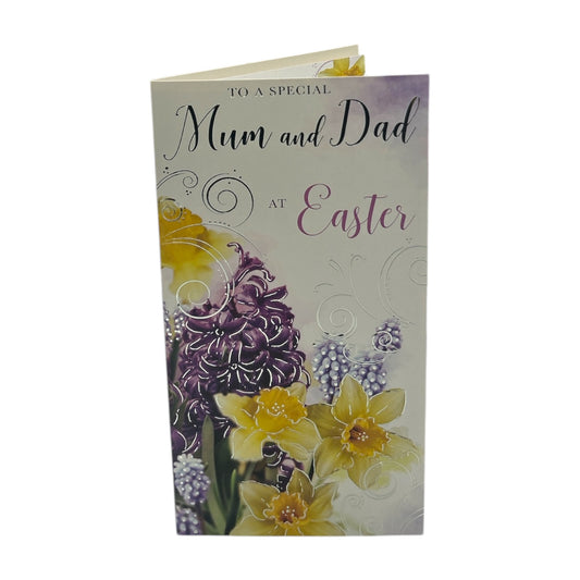 Mum And Dad Lilac And Daffodils Flowers Design Easter Card