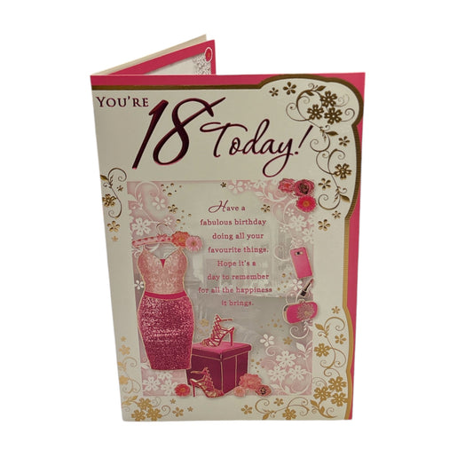 Age 18 Female Pink Dress and Sandals Design Opacity Birthday Card