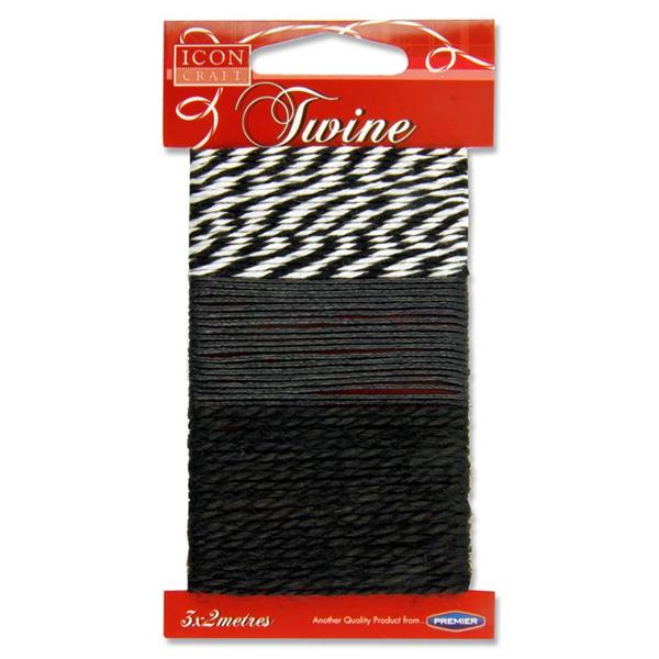Pack of 3 Assorted 2m Black Twine Thread by Icon Craft 
