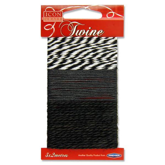 Pack of 3 Assorted 2m Black Twine Thread by Icon Craft 
