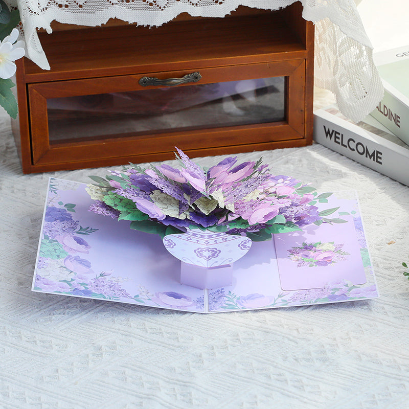Purple Hydrangea Rose Bouquet 3D Pop Up Greeting Card - Mother's Day Birthday Anniversary