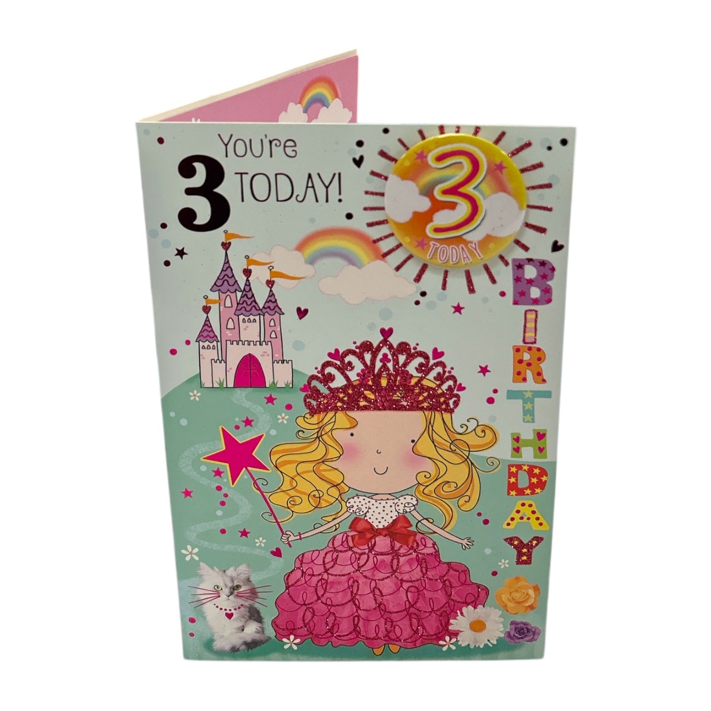 Age 03 Princess With Magic Wand Juvenile Birthday Card With Badge