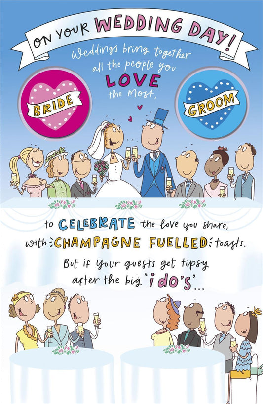 Wedding Day celebrate Humour Greeting Card with Badges BRIDE & GROOM 