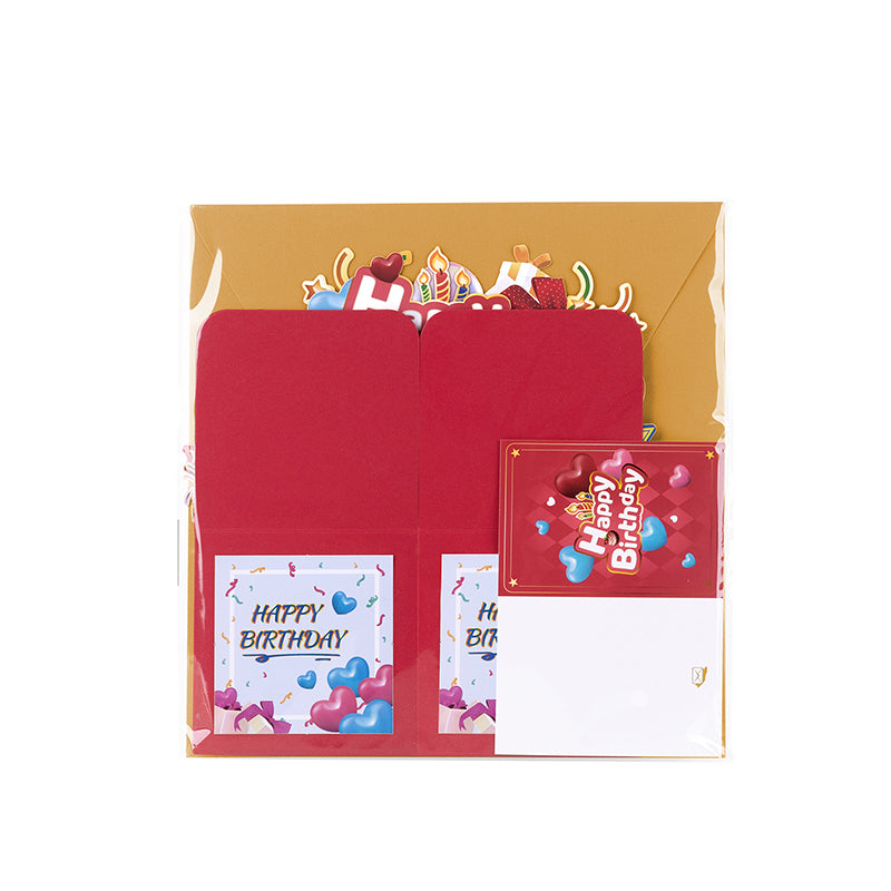 Heart Balloons Bright Red 3D Pop Up Birthday Box Card - Fireworks Cake Surprise Gift Box