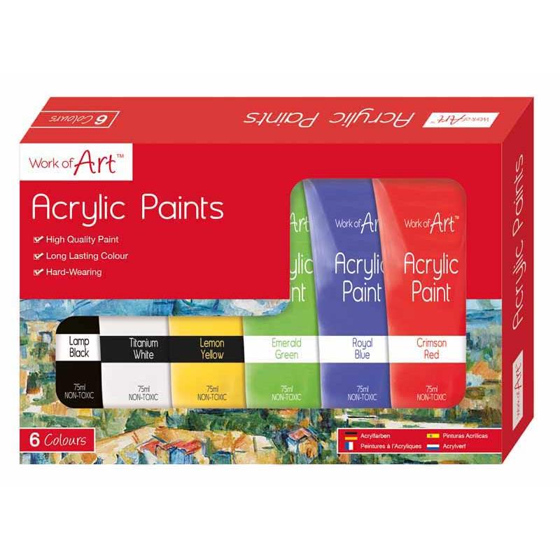Pack of 6 75ml Assorted Colour Acrylic Paints
