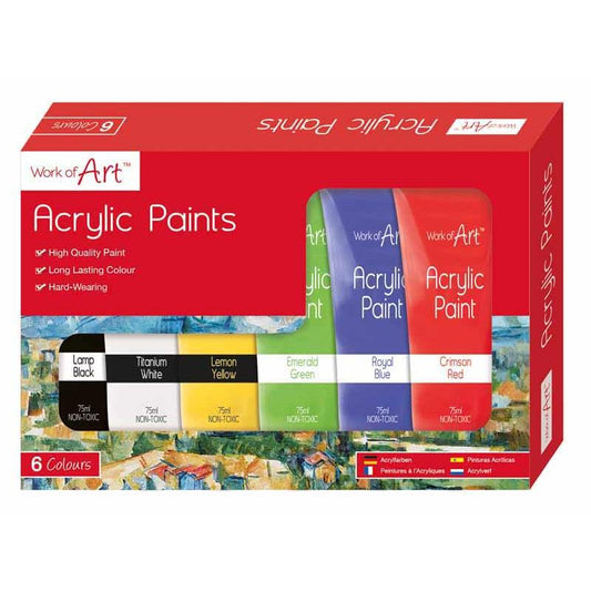 Pack of 6 75ml Assorted Colour Acrylic Paints