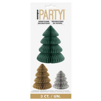 Pack of 3 Modern Christmas Assorted Mini Tree Honeycomb Decorations