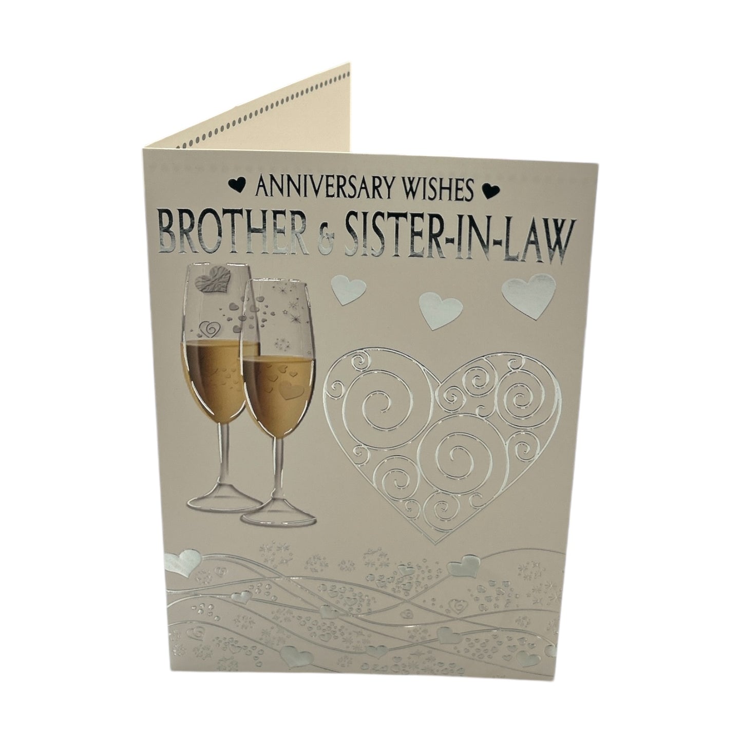 Brother & Sister-In-Law Champagne Glass Silver Heart Traditional Design Anniversary Card
