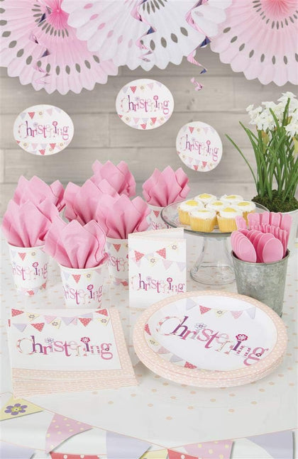 Pack of 8 Pink Bunting Christening 9oz Paper Cups