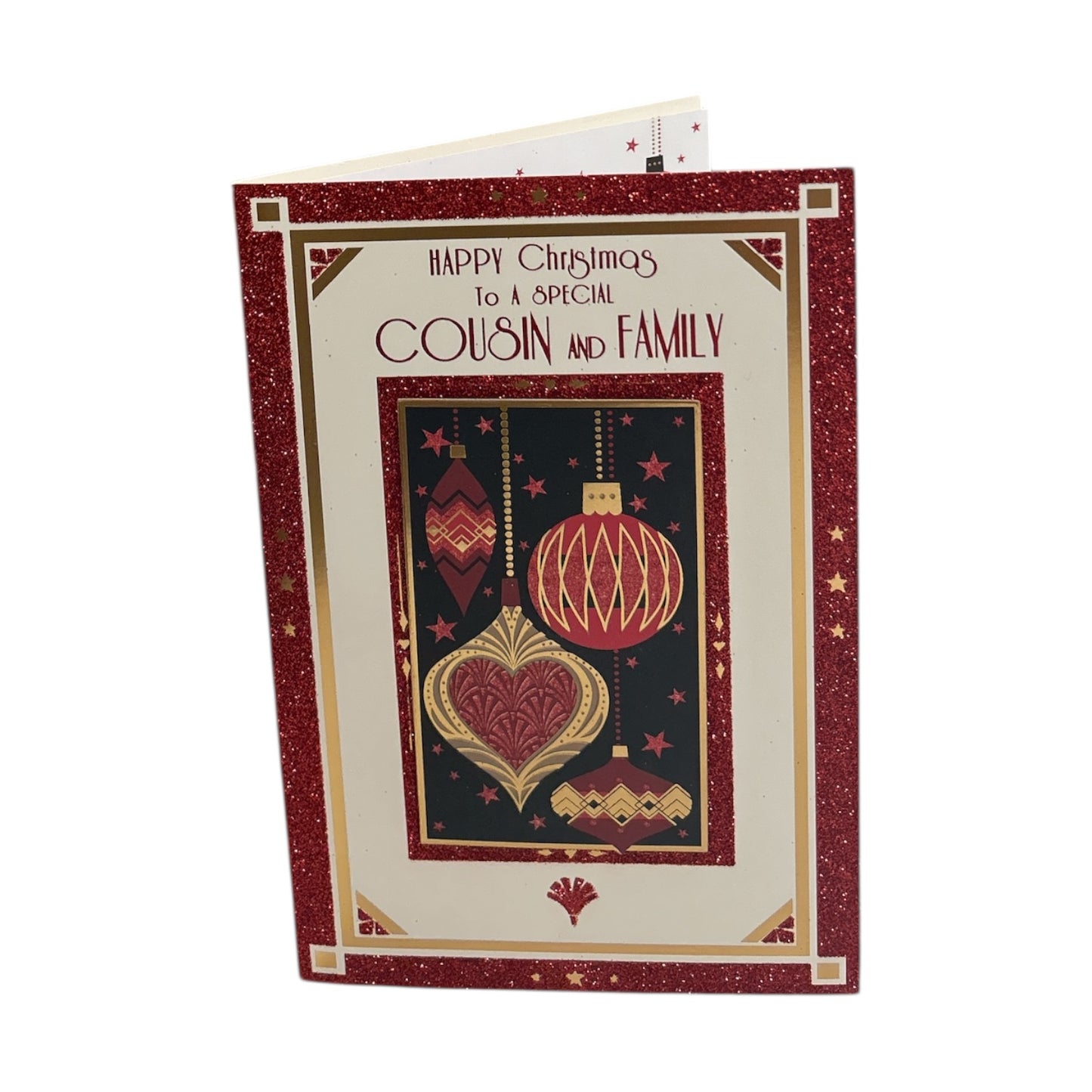 To a Special Cousin and Family Baubles Design Christmas Card