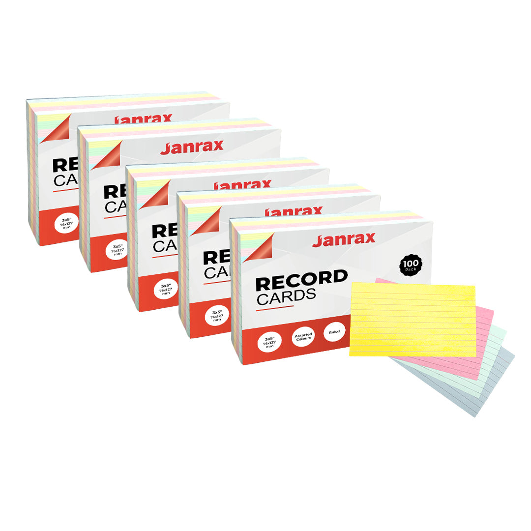 Pack of 600 Assorted Colour Ruled 5x3" Record Cards – Lined Study Index Cards for Notes, Revision